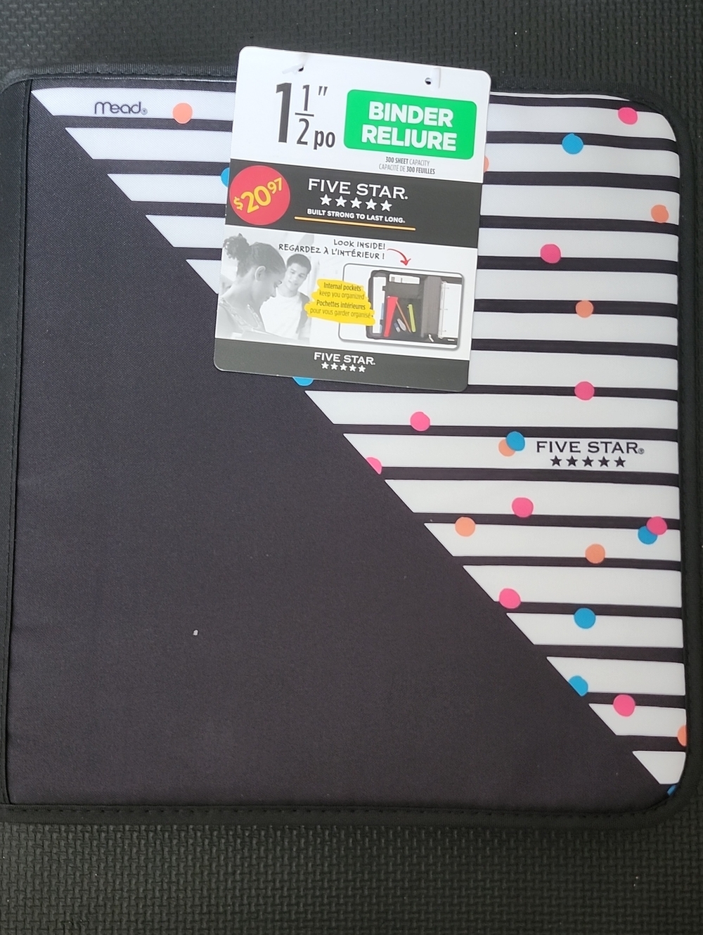 Five Star Black Binder with White Stripes and Multicolor Dot Accents